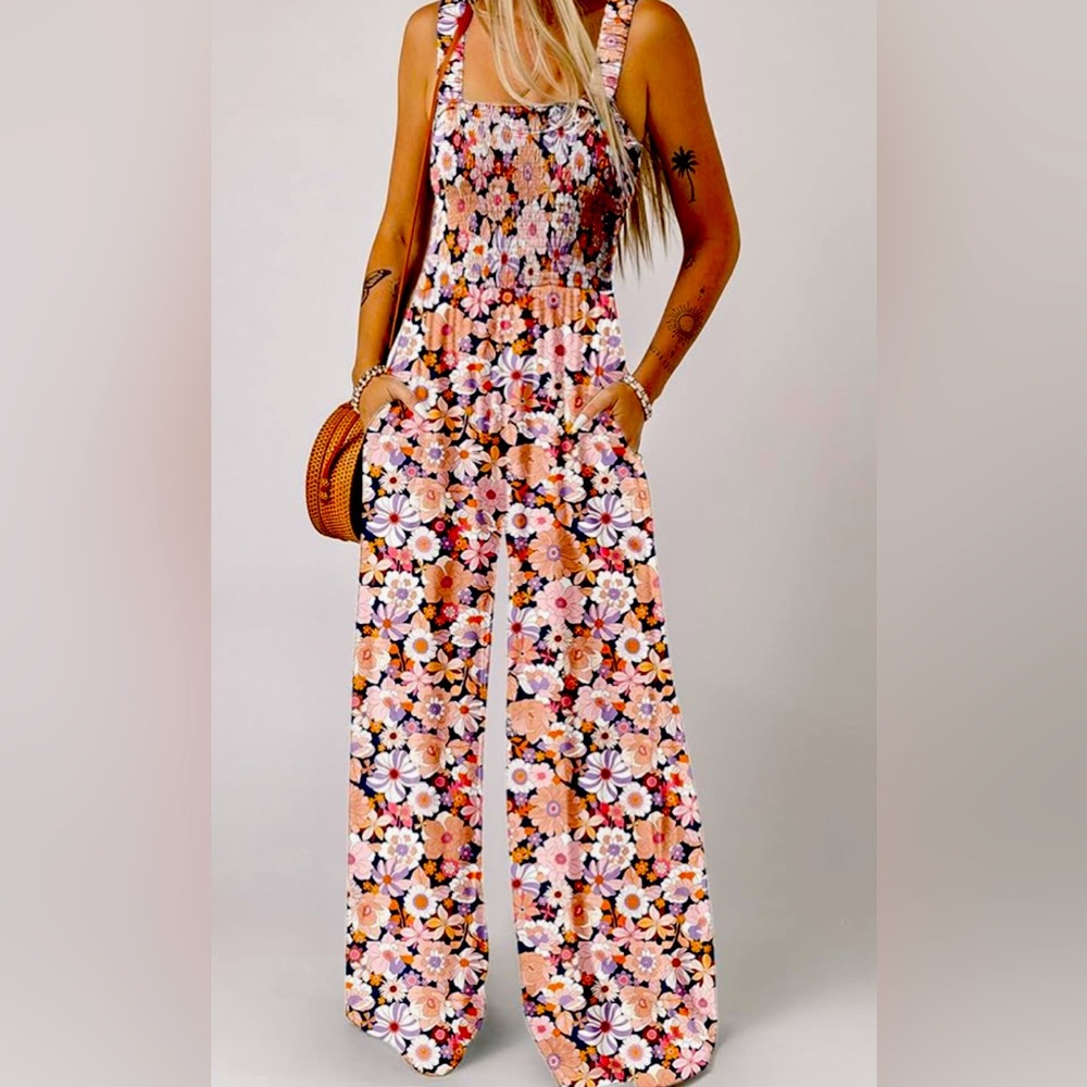 Women's Casual Jumpsuits. One Piece flower Printed Wide Leg Rompers With Pockets